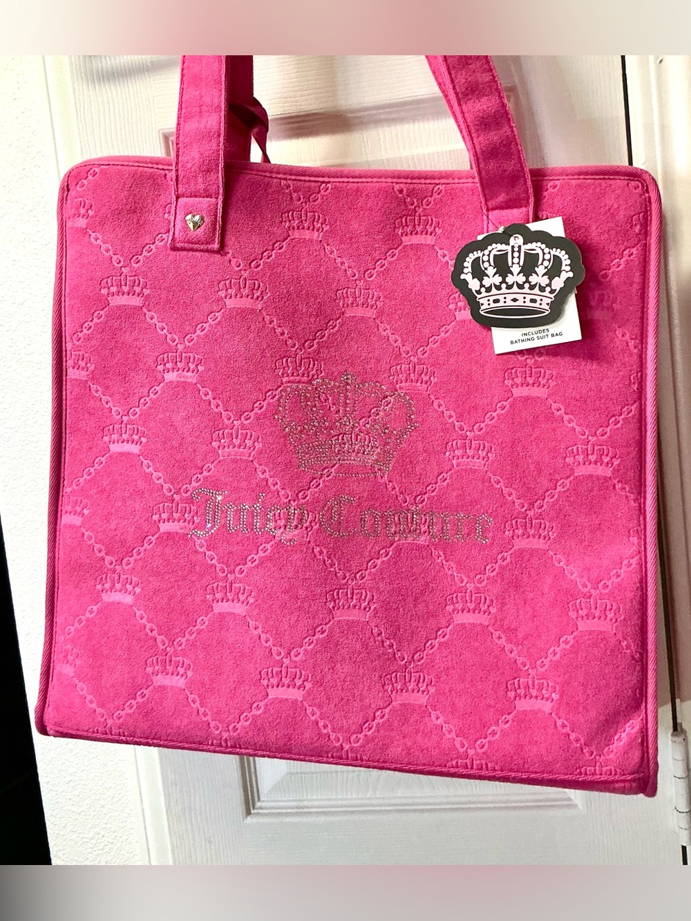 Large Juicy Couture hot Pink beach Tote Bag rhinestone 16inx18inx6in